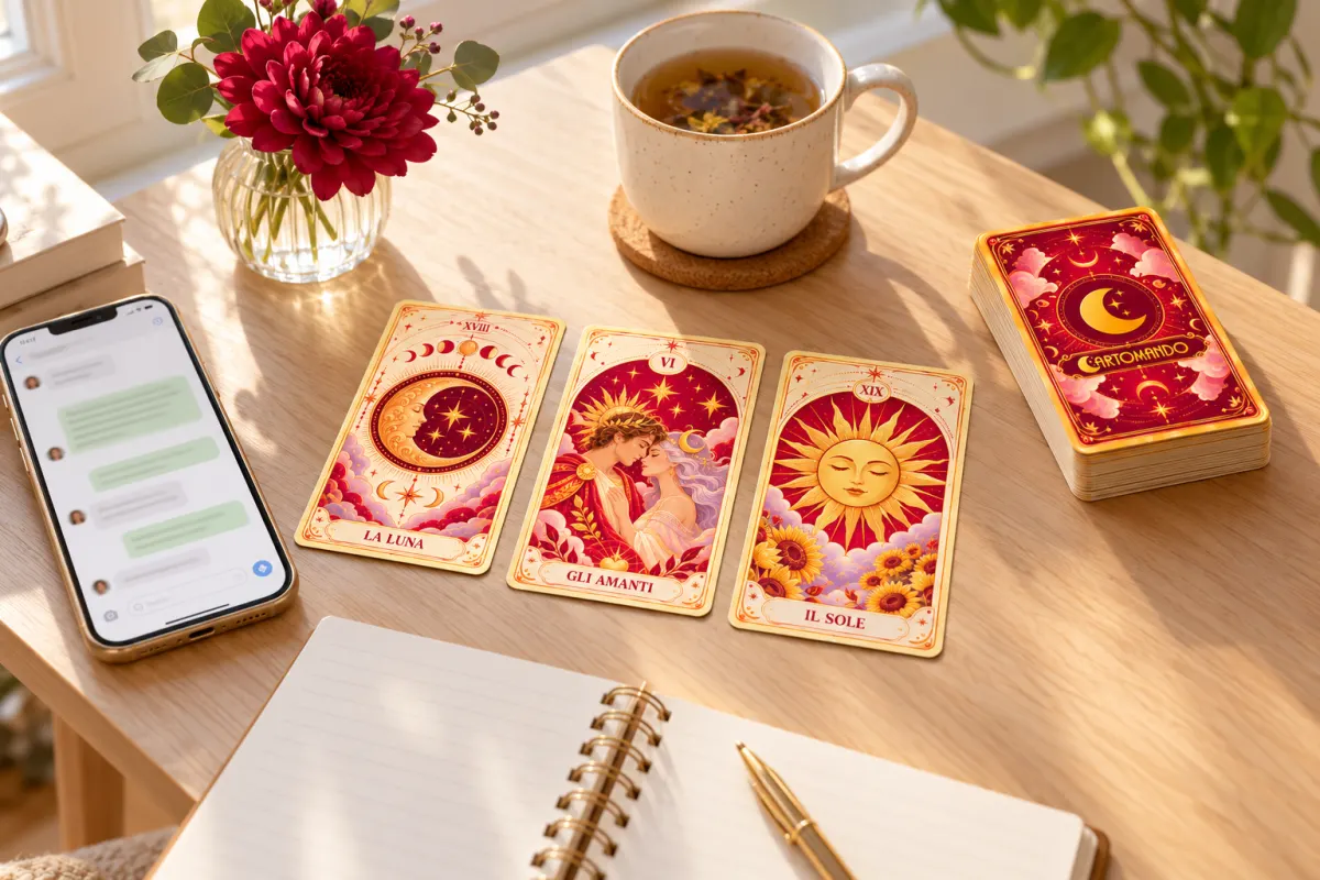 Carte dei tarocchi Cartomando sul tavolo accanto a uno smartphone con la chat del consulto