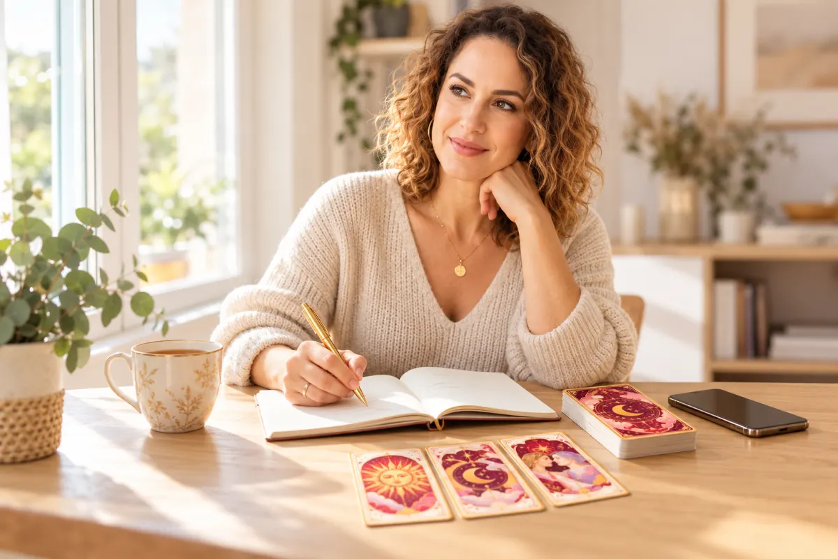 Donna che prende appunti su un taccuino prima di un consulto, con le carte Cartomando sul tavolo