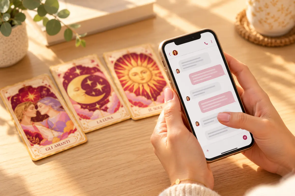 Mani che tengono uno smartphone con la chat di un consulto, accanto alle carte Gli Amanti, La Luna e Il Sole