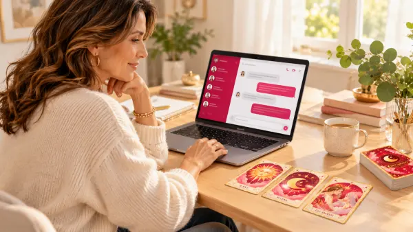Donna che fa un consulto di cartomanzia in chat dal computer, con le carte Cartomando sulla scrivania